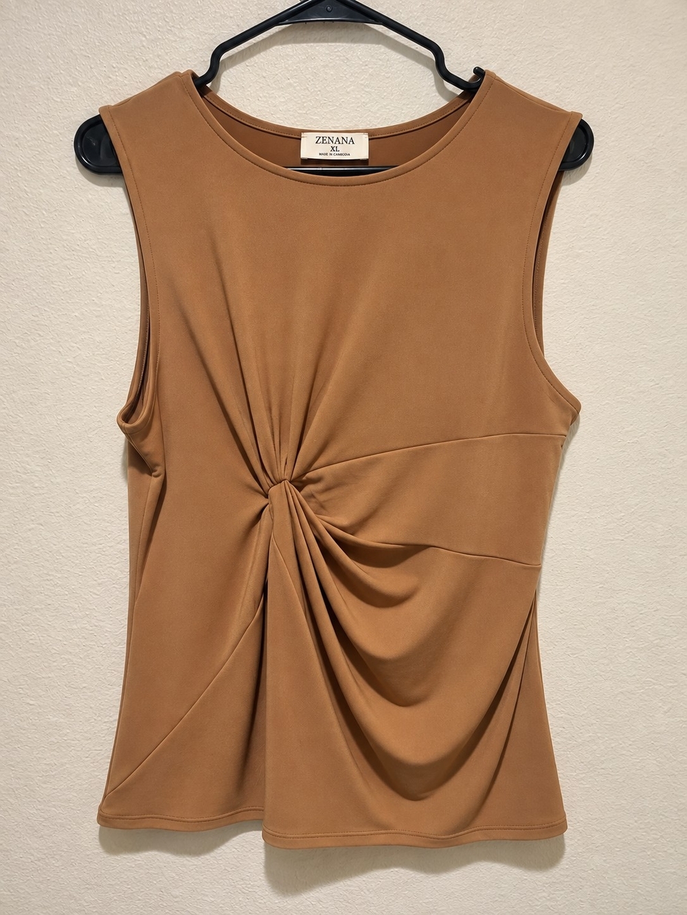 Zenana Outfitters Women’s Tan Twist-Front Sleeveless Top